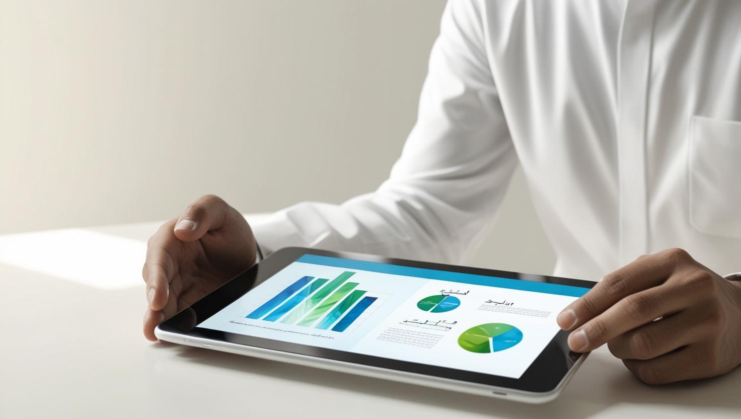Hands using a tablet with charts, representing research and informed choices